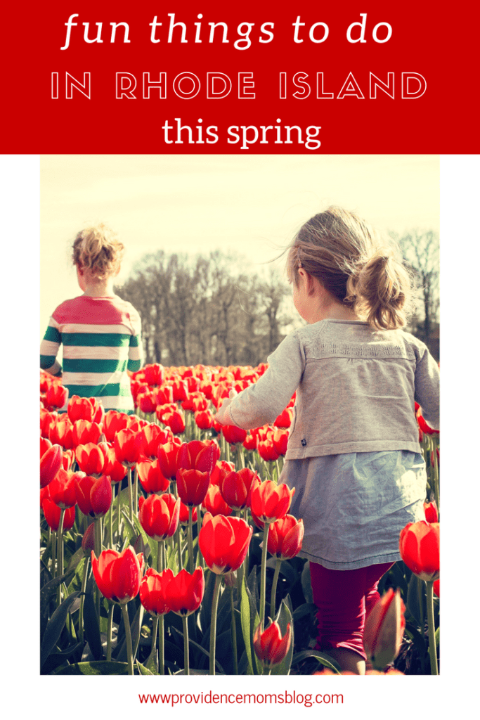 girls walking through field of red tulips in springtime Providence Moms Blog