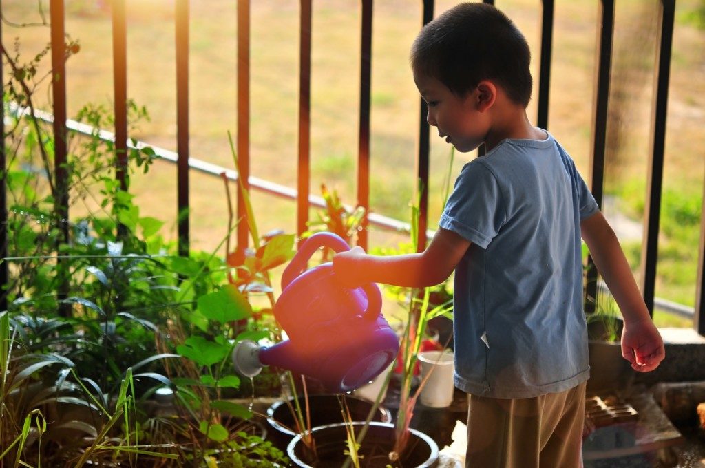 young boy watering plants Providence Moms Blog