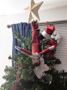 Elf on a Shelf hanging Upside down on Christmas tree with gold star