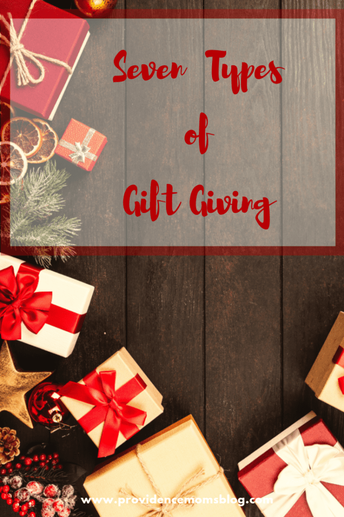 image of gifts on a wood background with text "seven types of gift giving"