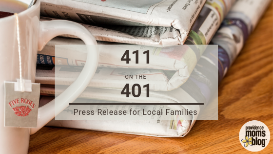 Mug with tea bag next to newspapers. "411 on the 401" written over it. Press Release for the Providence Children's Film Festival 