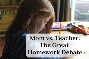 Child sitting at table with a pencil. Text over picture Mom vs. Teacher: The Great Homework Debate. Post about if children should do homework in Providence Moms Blog