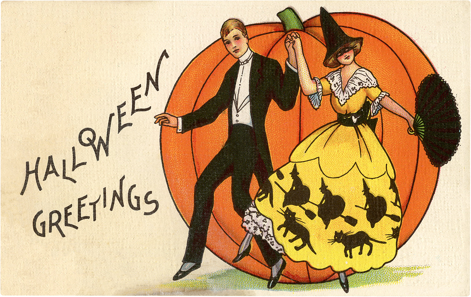 Vintage style image with the words 'halloween greetings' and a graphic of a man and woman holding h ands and wearing halloween themed formal attire. The man wears a simple tux with no bow tie. the woman wears a yellow ball gown, witch's hat and black eye mask. The hem of her dress has a pattern: silhouette of witches in flight. She is holding a black fan. There is a large pumpkin in the background 