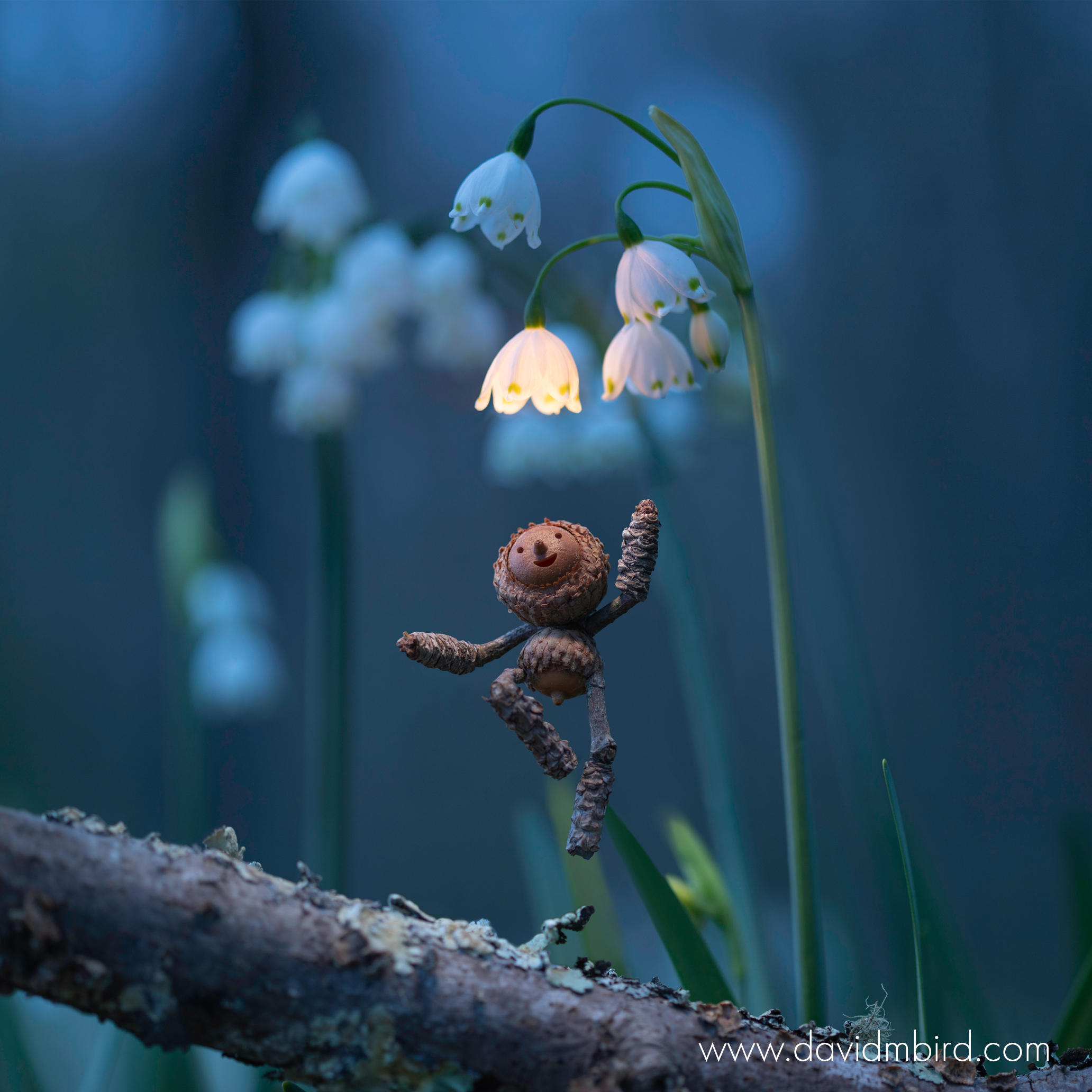 Decorative image of small person made from acorns dancing under lighted flower lamps 