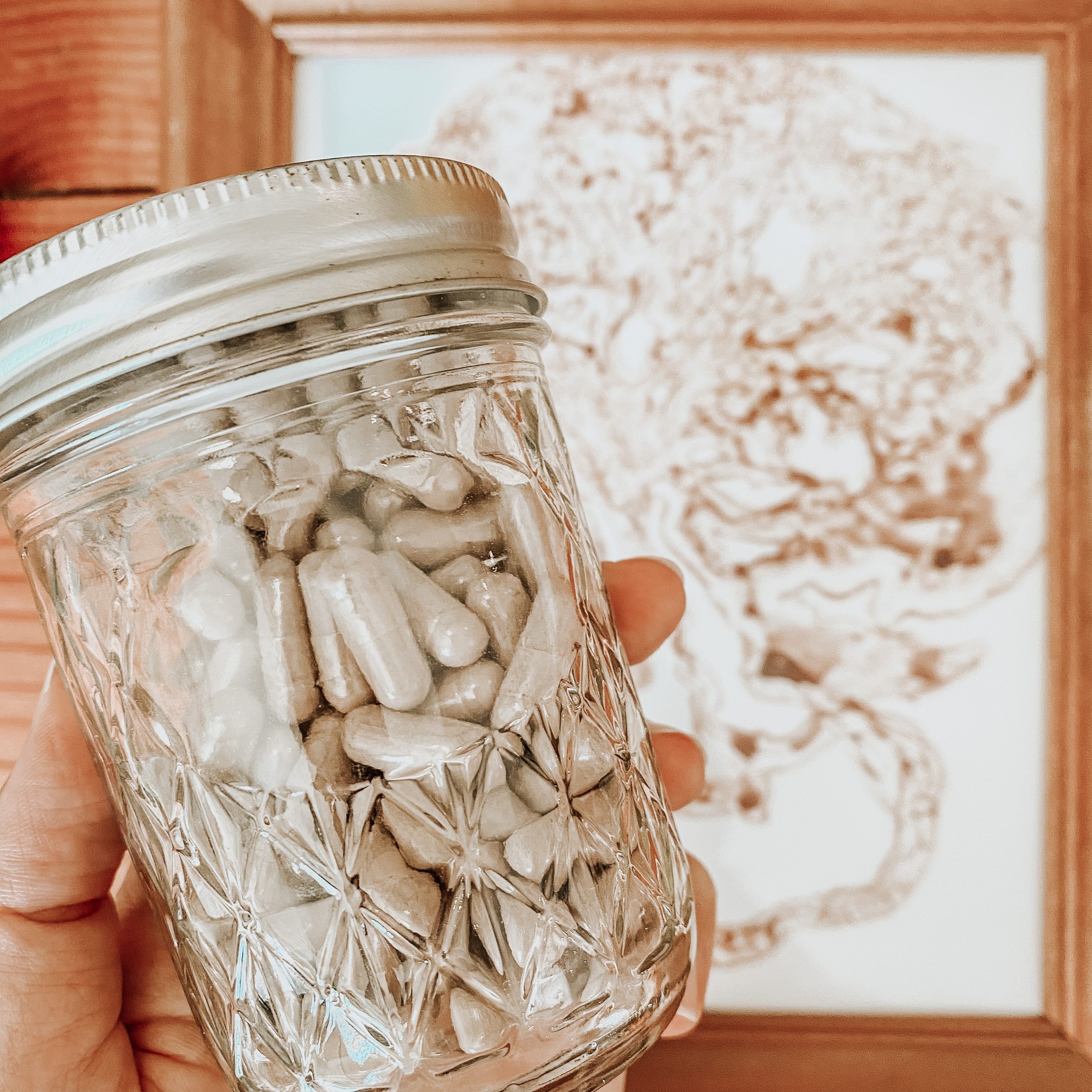A hand holds a mason jar full of capsules that contain dehydrated and powdered placenta in the forground. A placenta art print can be seen in the background 